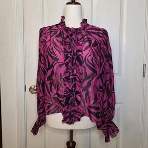 NWT Ladaire Pink & Black Floral Sheer Ruffle Button Up Blouse